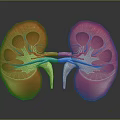 Detailed 3D Anatomical Model of Human Kidneys with Internal Structures and Blue Blood Vessels