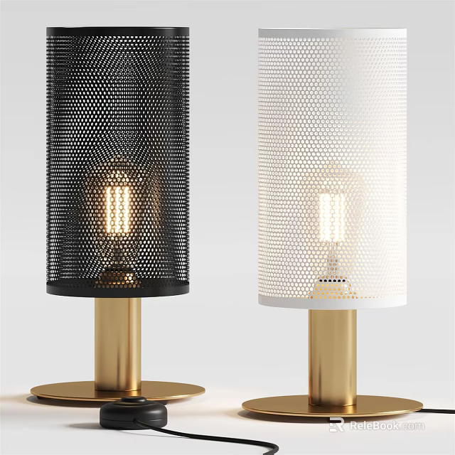 Black and White Table Lamps with Perforated Mesh Shades Golden Bases and Exposed Bulbs 3d model 