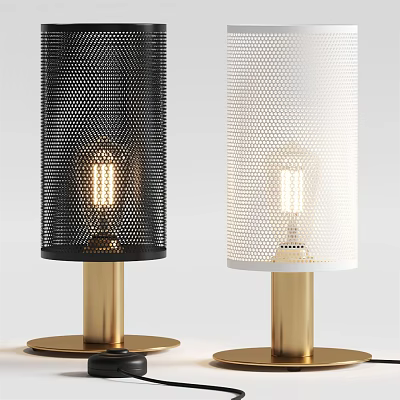 Black and White Table Lamps with Perforated Mesh Shades Golden Bases and Exposed Bulbs 3d model