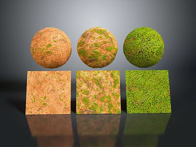 Three Textured Spheres and Cubes with Green and Brown Mossy Surfaces in 3D Render 3d model
