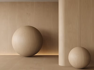Sleek Stone Wood Interior Design With Wooden Spheres Paneled Walls And Flooring 3d model