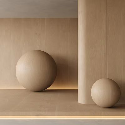 Sleek Stone Wood Interior Design With Wooden Spheres Paneled Walls And Flooring 3d model