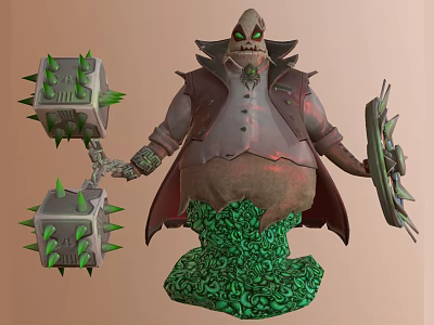 Skeleton Character With Green Eyes Cloak Green Vines Spiked Cube Weapons And Shield 3d model