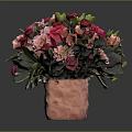 Flower Bouquet With Red Pink Flowers Green Leaves In Pink Square Vase On Dark Background
