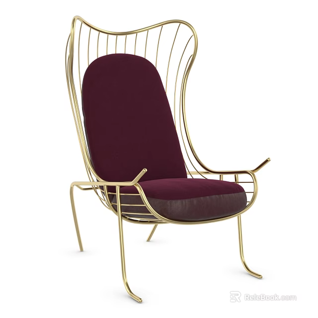 Modern Accent Chair With Gold Wire Frame And Maroon Velvet Cushion Design 3d model 