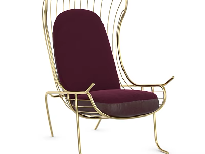 Modern Accent Chair With Gold Wire Frame And Maroon Velvet Cushion Design 3d model