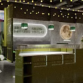 Modern Hot Pot Restaurant Interior With Green Counter Hanging Lights And Seating Area