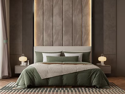 Modern Double Bed with Green Bedding Paneled Headboard Wall and Bedside Table Lamps 3d model