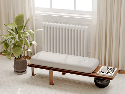 Wooden Sofa Bench with White Cushion in Light Carpet Room with Green Plant and Window 3d model