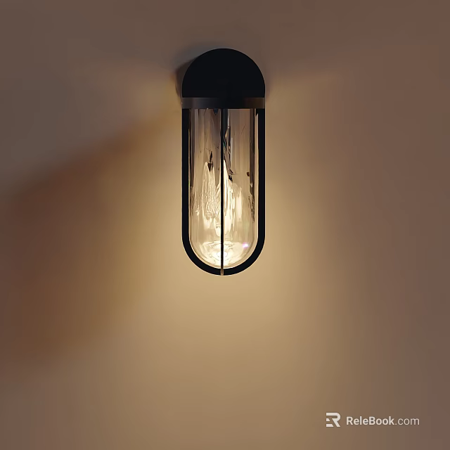 Modern Black Wall Light with Transparent Glass Shade and Illuminated Bulb on Beige Wall 3d model 