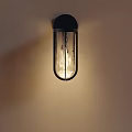 Modern Black Wall Light with Transparent Glass Shade and Illuminated Bulb on Beige Wall