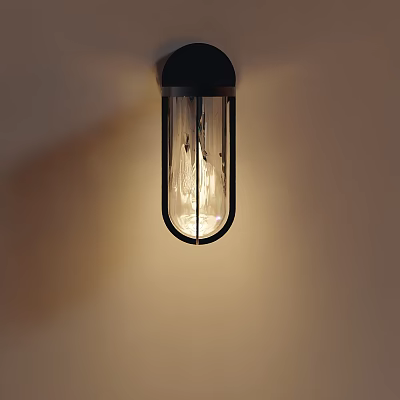 Modern Black Wall Light with Transparent Glass Shade and Illuminated Bulb on Beige Wall 3d model
