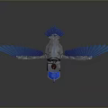 Futuristic Mechanical Bird In Flight With Blue Wings Silver Body And Reflective Surface
