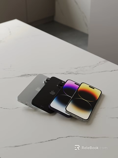 Multiple Smartphones In Various Colors Showcasing Modern Design On White Marble Surface 3d model 