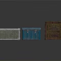 Three Different Colored Cargo Crates With Metal Texture And Storage Design