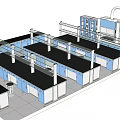 Multiple Laboratory Functional Workstations With Black Countertops And Blue Cabinets In Scientific Setup 3d model