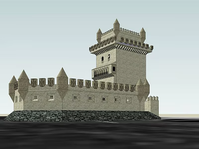Ancient Stone Castle With Defensive Tower Battlements Arrow Slits And Stone Base 3d model