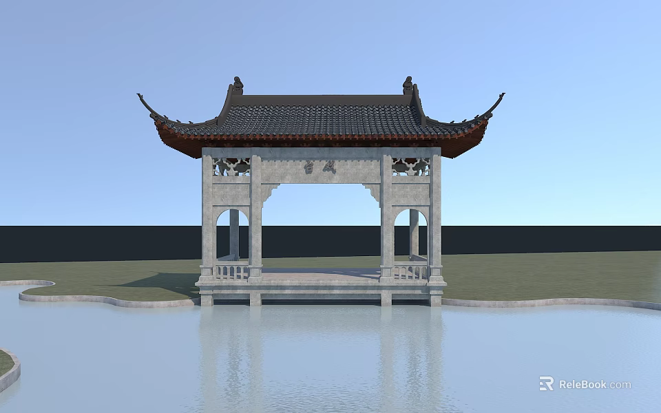 Ancient Chinese Pavilion With Stone Structure Flying Eaves Tile Roof And Water Reflection 3d model 