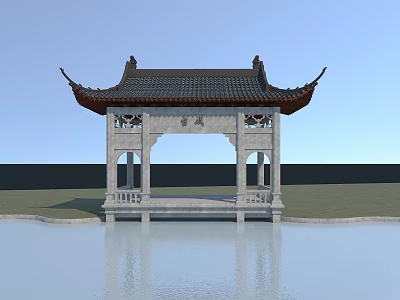 Ancient Chinese Pavilion With Stone Structure Flying Eaves Tile Roof And Water Reflection 3d model