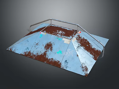 Skateboard Ramp Architectural Structure With Blue Surface Rust Marks Graffiti And Railings 3d model