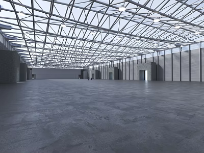 Spacious Indoor Fitness Gym With Metal Frame Ceiling Glass Windows And Gray Concrete Floor 3d model