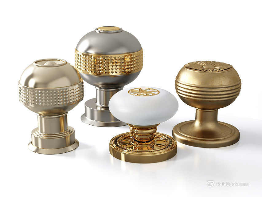 Various Stylish Cabinet Knobs In Gold Silver White With Decorative Design Elements 3d model 