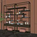 Curio Cabinet With Metal Frame Wooden Shelves Books Decorative Jars Orange Wall And Green Plant