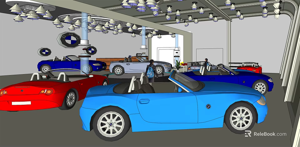 Car Showroom Display With Various Convertible Cars And BMW Logo Chandeliers 3d model 
