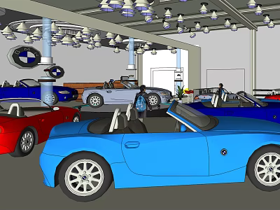 Car Showroom Display With Various Convertible Cars And BMW Logo Chandeliers 3d model