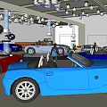 Car Showroom Display With Various Convertible Cars And BMW Logo Chandeliers