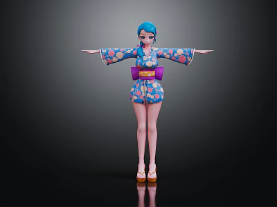 Anime Girl Character Wearing Floral Kimono With Purple Obi And Blue Hair 3d model