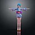 Anime Girl Character Wearing Floral Kimono With Purple Obi And Blue Hair