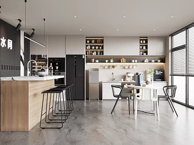 Modern Pantry Interior Design With Open Concept Bar Counter Refrigerator Cabinets Tables Chairs And Windows 3d model