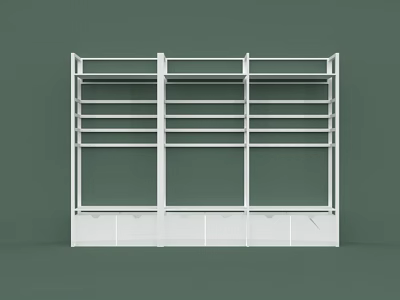 Specialty Store White Multi Tiered Shelves With Horizontal Shelves And Bottom Cabinets Green Background 3d model