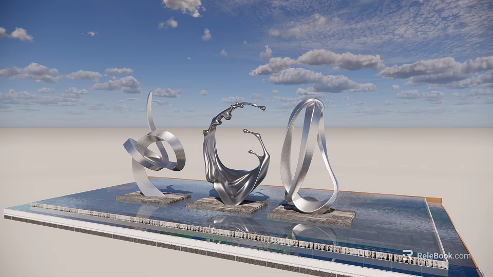 Three Silver Metal Abstract Curved Sculptures on Reflective Platform Under Blue Sky with White Clouds 3d model 