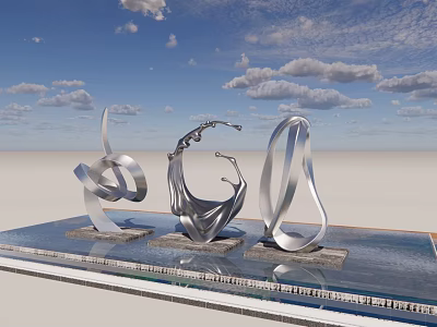 Three Silver Metal Abstract Curved Sculptures on Reflective Platform Under Blue Sky with White Clouds 3d model