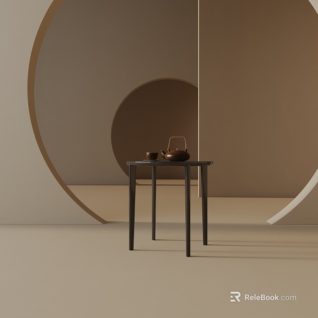 Dark Wood Side Table With Teapot And Cups In Minimalist Room With Circular Decor 3d model 