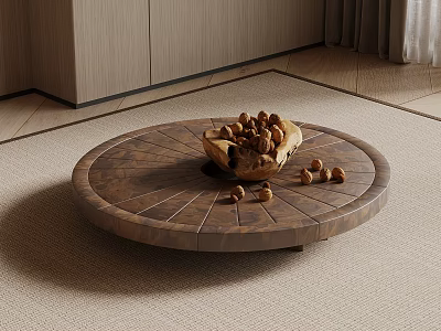 Round Wooden Coffee Table With Bowl Of Nuts And Scattered Nuts On Carpet 3d model