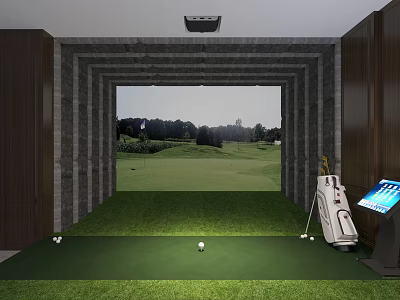 Indoor Golf Simulator Practice Area With Green Turf Golf Balls And Screen 3d model