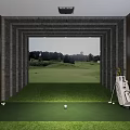 Indoor Golf Simulator Practice Area With Green Turf Golf Balls And Screen 3d model