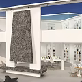 Modern Open Architectural Space With White Walls Glass Roof And Black Sculptures