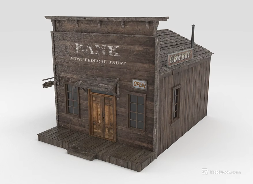 Old Western Style Wooden Bank Building With Porch Steps And Loan Office Signs 3d model 