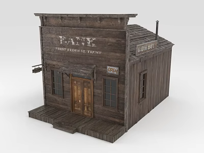 Old Western Style Wooden Bank Building With Porch Steps And Loan Office Signs 3d model