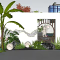 Modern Chinese Garden Landscape With Circular Lattice Window Stone Sculpture Banana Tree And Spherical Lights