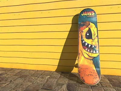 JAWS Skateboard As Sports Equipment With Cartoon Shark Design Against Yellow Wall And Brick Floor 3d model
