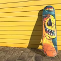 JAWS Skateboard As Sports Equipment With Cartoon Shark Design Against Yellow Wall And Brick Floor