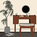 Cozy Wooden Dressing Table With Round Illuminated Mirror Skincare Products Padded Stool And Green Plant