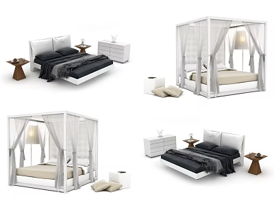 Modern Double Bed Design With Canopy Nightstand Pillows And Black Blanket 3d model