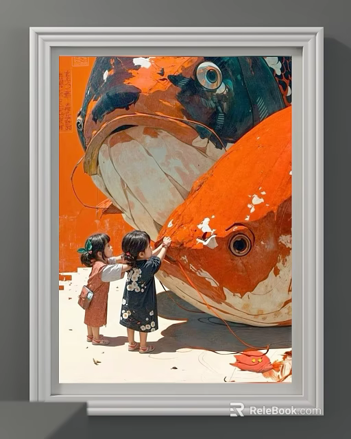 Giant Koi Fish Animal Painting With Little Girls Touching On Orange Background 3d model 