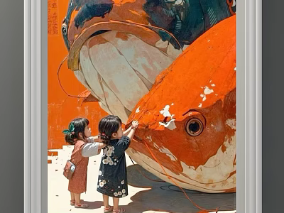 Giant Koi Fish Animal Painting With Little Girls Touching On Orange Background 3d model